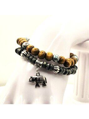 Elephant Bracelet Stack, Beaded Bracelet, Unisex Wood Bracelet Set, Boho